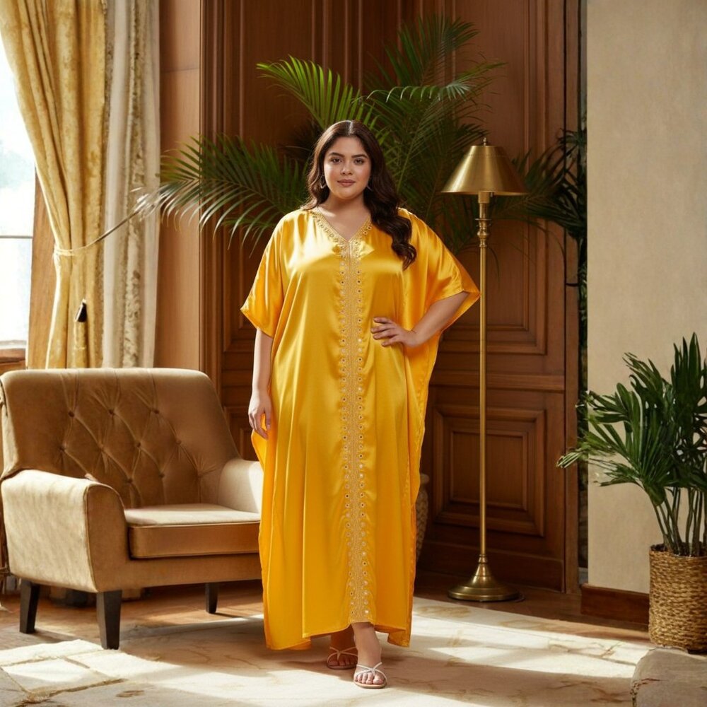 Gypsie Blu Women Satin Kaftan Dress Solid Embroidery Lace Yellow Stylish Kimono